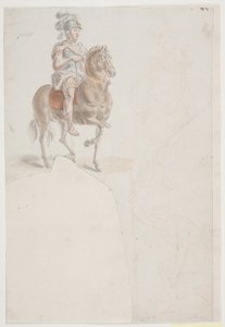 Cavalier en costume romain avec casque à plumes. De plus, deux esquisses faibles en rouge de hommes debout et à demi-agenouillés.