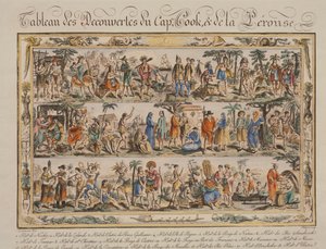 Les découvertes de James Cook et Jean François de Galaup Comte de Laperouse au XVIIIe siècle, gravure en couleur