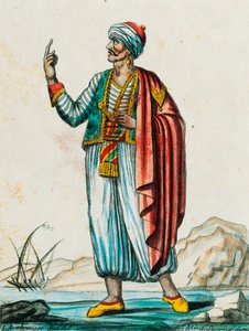 Costume masculin des états barbares et musulmans, gravure en couleur d