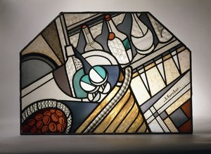 Un panneau en vitrail Art Déco représentant un bar à cocktails