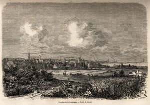 Vue générale de Copenhague, dessin de Jacques Guiaud (1810-1876), pour illustrer le voyage de J.M. Dargaud au Danemark (1800-1860), en 1860. Gravure dans "Le tour du monde", édité par Edouard Charton - Jacques Guiaud