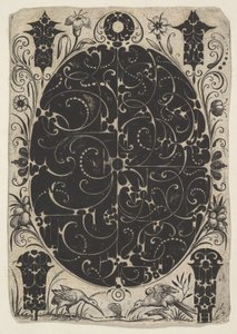 Boîtier ovale décoré de Schweifwerk en deux variantes, entouré de motifs plus petits..., vers 1614-19