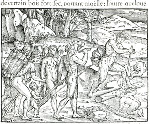 Indigènes indiens faisant du feu après la chasse, gravé par Theodor de Bry (1525-75)