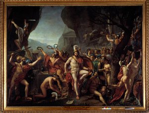 Léonidas aux Thermopyles Épisode de la bataille des Thermopyles en 480 av. J.-C., opposant les Grecs aux Perses de Xerxès I, Léonidas I roi de Sparte, tenant ses armes, assis sur un rocher, près de l