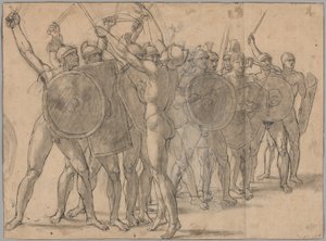 Soldats nus gesticulant avec leurs armes (recto); Deux études de draperie pour la figure de Tatius (verso) - Jacques Louis David