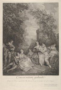 Conversation galante : couples conversant dans un jardin, 1743
