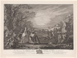 Paysage avec quatre figures visitant un camp militaire
Halte des Gardes Suisses (titre sur l