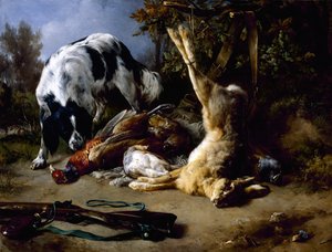 Épagneul avec une nature morte de gibier mort