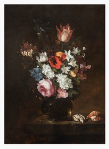 Une rose, tulipe, iris, coquelicots, chèvrefeuille et autres fleurs dans un vase en verre avec des coquillages sur une corniche - Jacques de Claeuw