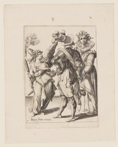 Cupidon aux yeux bandés tenant une torche devant un couple, extrait de The Masquerades (Les mascarades) - Jacques de Gheyn II