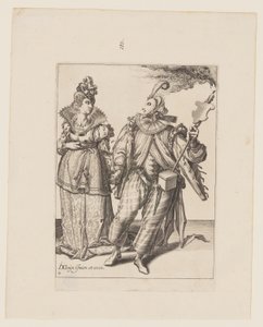 Une femme conduite par un joueur tenant une torche, tiré de Les Mascarades - Jacques de Gheyn II