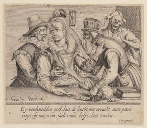 Une jeune femme entre un jeune homme et un vieil homme, extrait de Unequal Lovers (Amoureux inégaux) - Jacques de Gheyn II