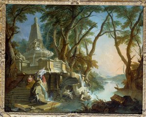 Paysage composé ou la rivière. Fontaine pyramidale avec statue de Neptune brisée. Peinture de Jacques de Lajoue - Jacques de Lajoüe