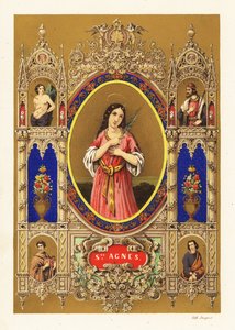 Portrait de Sainte Agnès de Rome, vierge martyre, avec auréole et feuille de palmier dans une bordure décorative - Jacquet Jacquet