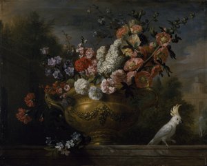 Nature morte avec des fleurs dans une urne, avec un cacatoès, sur un rebord, vers 1699