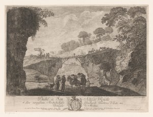 Paysage montagneux avec un pont en bois entre deux rochers - Jakob Wangner