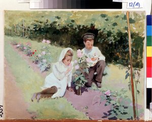 "Au rosier" Deux enfants dans une roseraie. Peinture de Jakov Kalinichenko