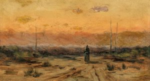Femme sur le rivage au lever du soleil