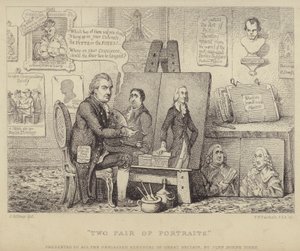 Deux paires de portraits : caricature anti-Whig représentant John Henry Tooke avec des portraits de Charles James Fox personnifiant le vice et William Pitt le Jeune représentant la vertu - James (after) Gillray