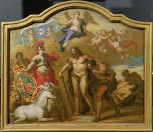 Allégorie de la puissance de la Grande-Bretagne par terre, design pour un panneau décoratif pour le carrosse cérémonial de George I, c.1718 - James (attr. to) Thornhill