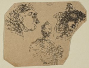 Deux têtes féminines et figure debout des croquis sur la plaque de l