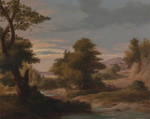 Paysage fluvial boisé avec mère et enfant