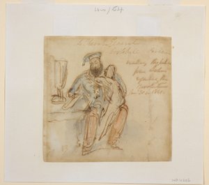 Général Avitabile assis à une table en train de lire, avec une femme sur ses genoux, peut-être sa favorite, Begum Peri - James Atkinson