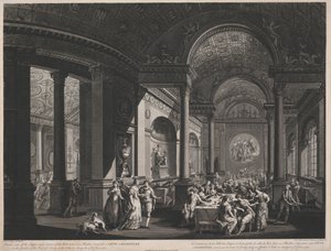 Vue intérieure de la salle à manger et partie de la salle de bal dans un pavillon érigé pour une fête champêtre dans le jardin du comte de Derby