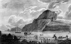 Île Kerguelen, vue de la baie de Noël, dessin de William Hodges, gravure de William Watts, illustration du Voyage vers le pôle Sud et autour du monde, par James Cook - James Cook