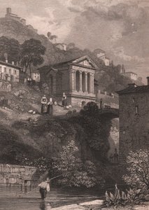 Vue du Temple de Clitumnus le long de la rivière Clitunno près de Campello sul Clitunno, Ombrie, Italie, gravure sur acier par Jordan d