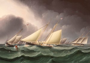 Columbia et Wenonah contournant la bouée de la flèche sud-ouest par James E. Buttersworth