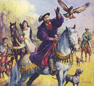 Le roi Henri VIII et Anne Boleyn à la chasse (lithographie couleur)