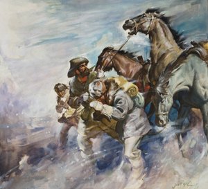 Hommes et chevaux affrontant une tempête (gouache sur papier)