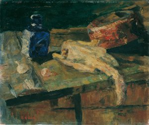 Nature morte avec bouteille bleue et poulet plumé
