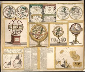 Collection de neuf images comprenant des instruments astronomiques, des cartes célestes et une carte du monde. LOC 2013593153 - James Ferguson