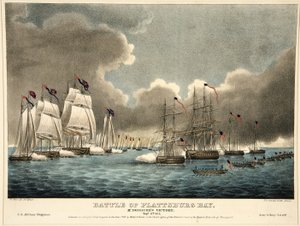 Bataille de la baie de Plattsburg : Victoire de McDonough, pub. 1840 (gravure en couleur) - James Fuller Queen