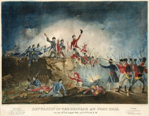 Réplique des Britanniques à Fort Érié, le 15 août 1814, à 2 heures du matin, pub. 1841 (gravure en couleur)