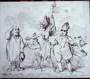 Alecto et son train à la porte du Pandémonium, ou Le sergent recruteur enrôlant John Bull dans le service de la Révolution, publié par S.W. Fores en 1791 - James Gillray