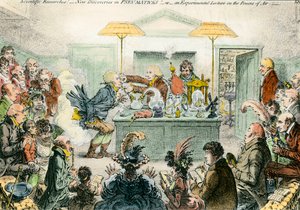 Satire anglaise sur la science : nouvelles découvertes en matériaux pneumatiques. Dessin satirique sur l