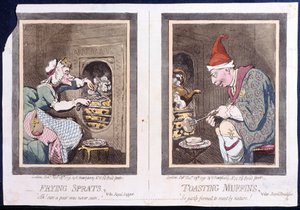 Friture de sprats, ou souper royal, et grillage de muffins, ou petit-déjeuner royal, publié par Hannah Humphrey en 1791 (eau-forte coloriée à la main)
