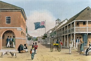 Vue de Harbour Street, Kingston, Jamaïque, de "A Picturesque Tour of the Island of Jamaica", gravé par Thomas Sutherland
