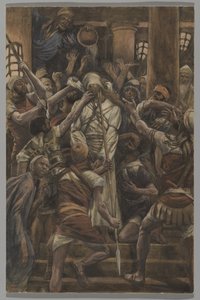 Mauvais traitements dans la Maison de Caïphe, illustration de La Vie de Notre Seigneur Jésus-Christ, 1886-94
