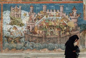 Une fresque représente le jour où Constantinople est tombée aux mains des Ottomans. Bucovine, Roumanie.