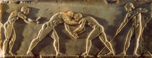 Athlètes grecs anciens représentés sur un bas-relief du VIe siècle av. J.-C. Musée archéologique national