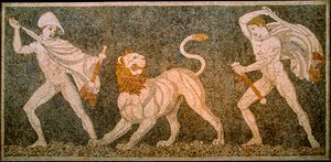 Mosaïque représentant Alexandre le Grand et Héphaestion tuant un lion. Pella Archéologique - James L Stanfield