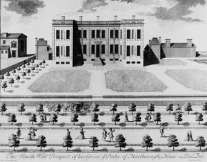 La perspective sud-ouest de la maison de Son Altesse le duc de Marlborough dans le parc St. James, gravée par John Harris, 1741