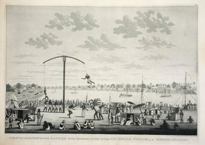 Vue sur les rives du Gange avec représentation du Churruck Poojah