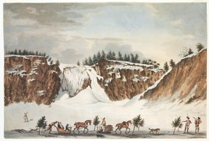 Vue hivernale des chutes de Montmorenci depuis la route sur la glace en face, prise le 12 avril 1781, gravée par John Wells