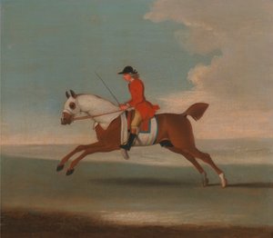Un des quatre portraits de chevaux - un cheval de course alezan exercé par un entraîneur en manteau rouge (détail)