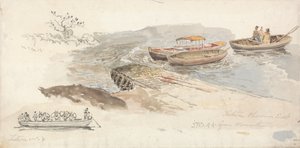 Un bateau couvert et deux bateaux à rames sur une jetée ; en médaillon à gauche, une étude au crayon du ferry-boat pour le bétail de Tintern - James Ward